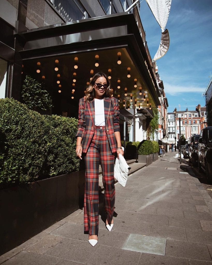 woman in casual fall outfit plaid suit