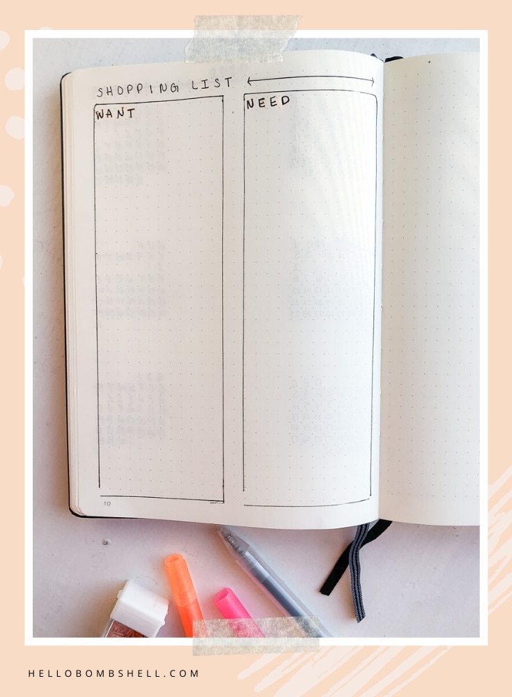 Planner shopping list for bullet journal bujo.