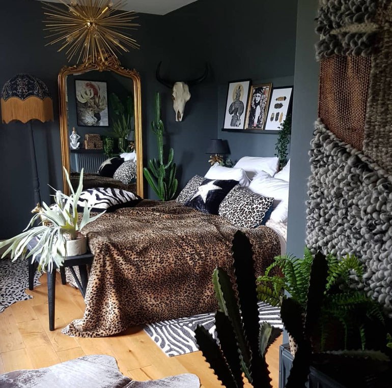 11 Dark and Moody Bedroom Decor Ideas That Are Oh So Sexy - Animal Print BeDroom Inspiration Dark Decor Large Gilt Floor StanDing Mirror